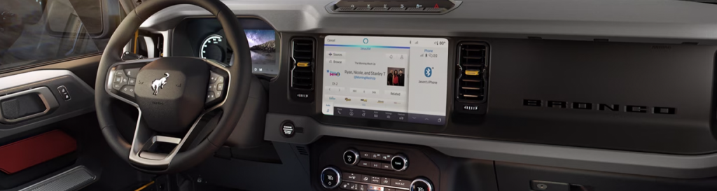 The dashboard of the new Ford Bronco is shown. Shop for your new Ford Bronco at Cleveland Ford.