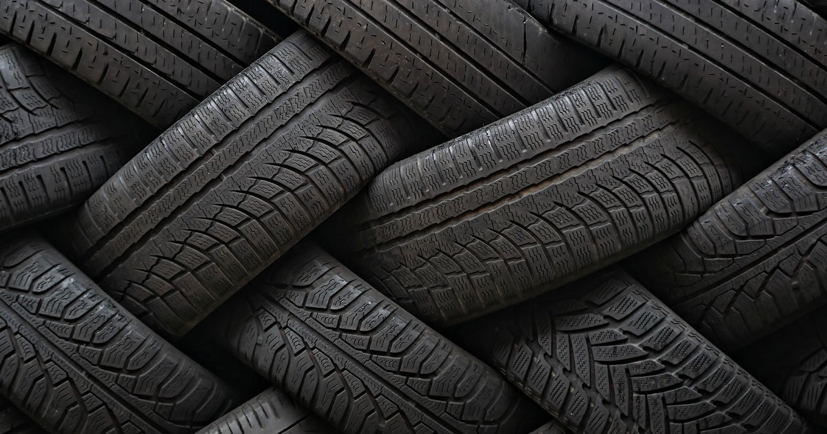 An overhead view of a collection of tires bundled together